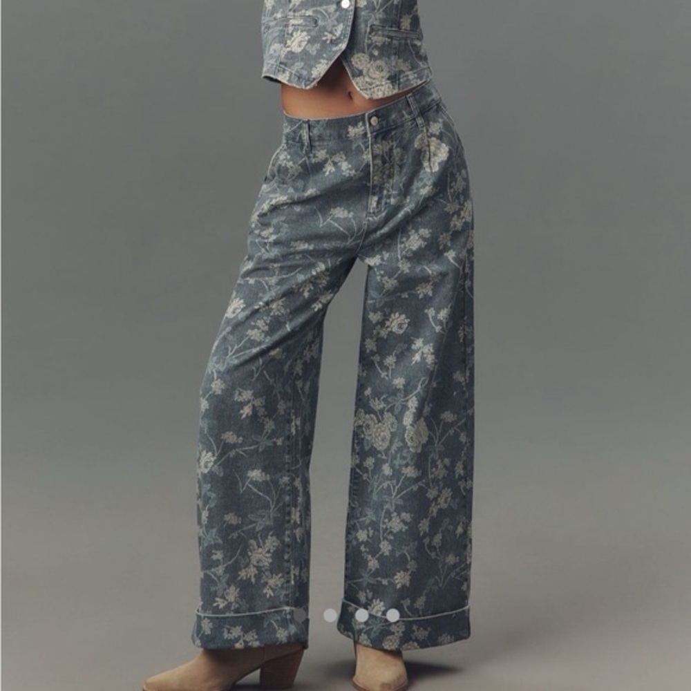 Pilcro Blue Floral Wide Leg Jeans